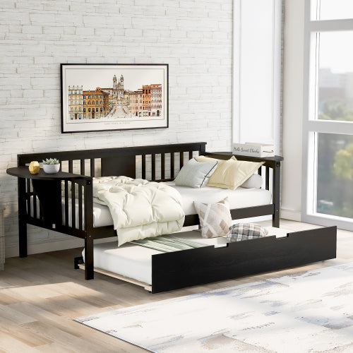 Twin Wooden Daybed with Trundle, Sofa Bed with Pull-Out Side Tables - Hospitality World
