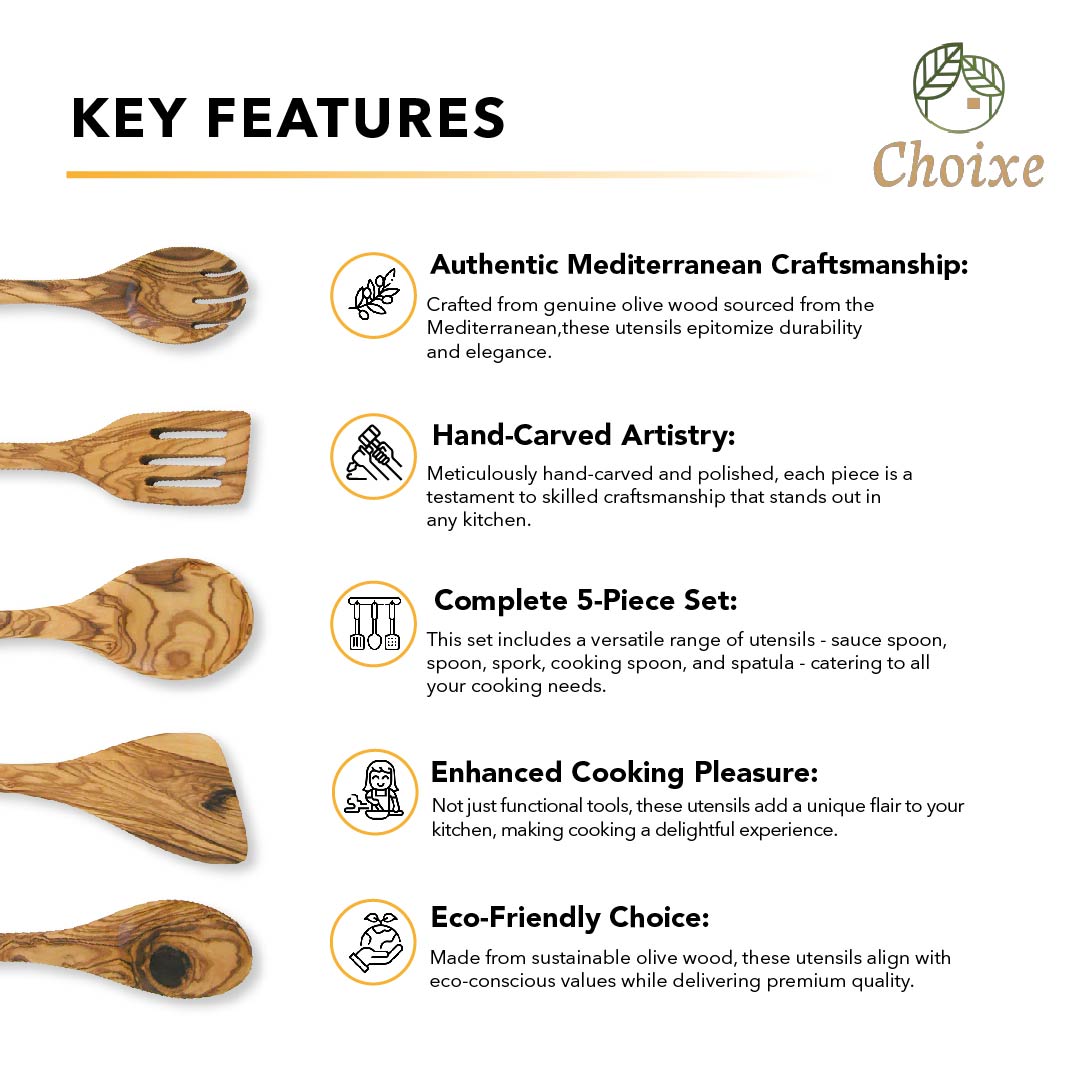 Premium Olive Wood 5-Piece Kitchen Server & Utensil Set - Hospitality World