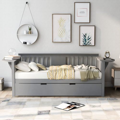 Twin Wooden Daybed with Trundle, Sofa Bed with Pull-Out Side Tables - Hospitality World