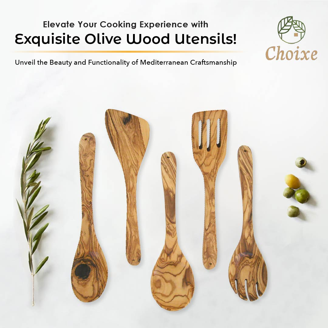 Premium Olive Wood 5-Piece Kitchen Server & Utensil Set - Hospitality World