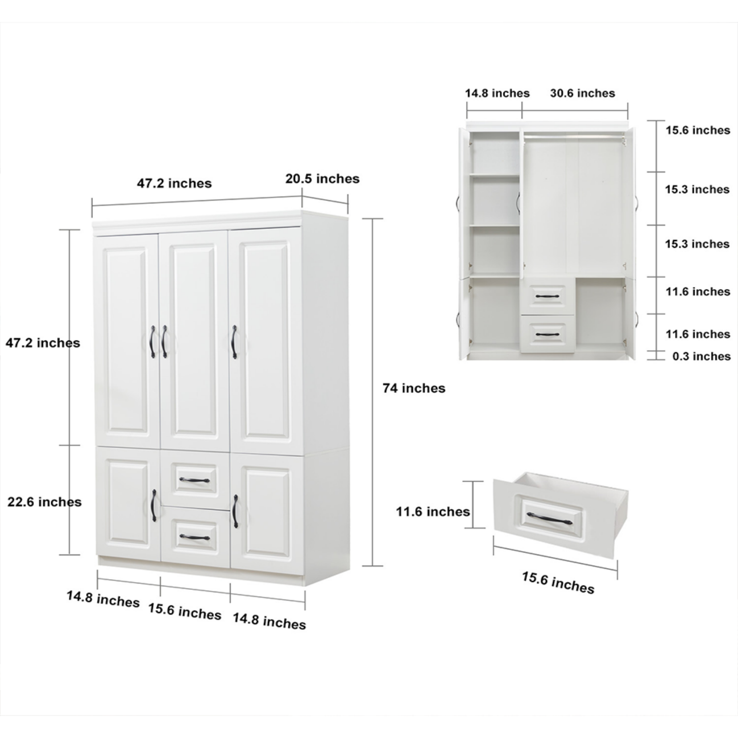 Large Wood 3-Door Wardrobe Closet Armoire - Hospitality World