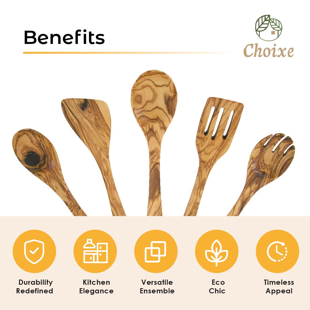 Premium Olive Wood 5-Piece Kitchen Server & Utensil Set - Hospitality World