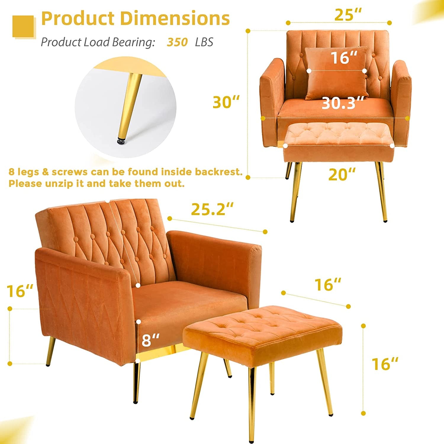 Multi-Functional Orange Velvet Accent Chair with Ottoman - Hospitality World
