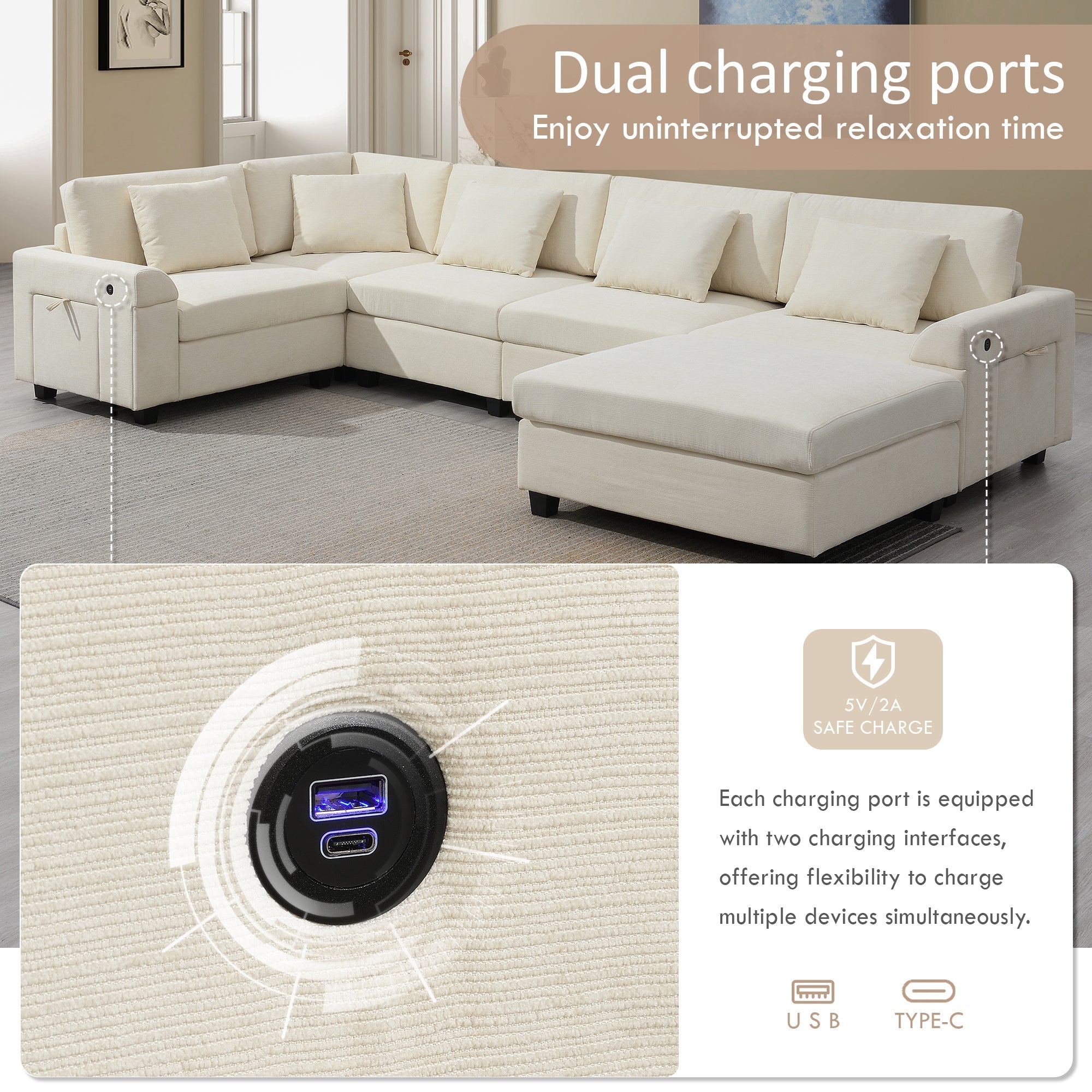 Shaped Sectional Sofa, 6 Seat Chenille Couch Set with Hidden Storage & USB - Hospitality World