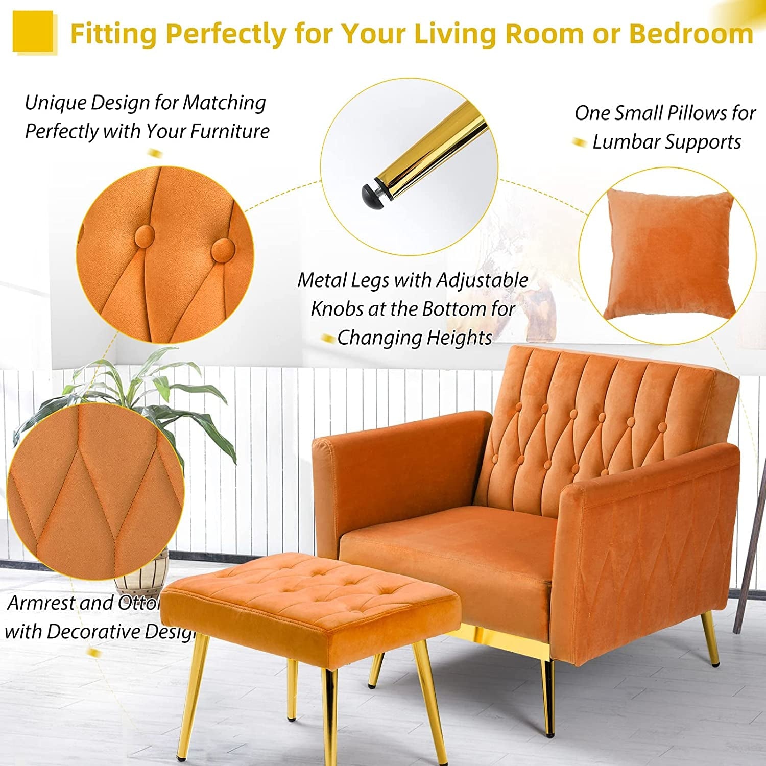 Multi-Functional Orange Velvet Accent Chair with Ottoman - Hospitality World
